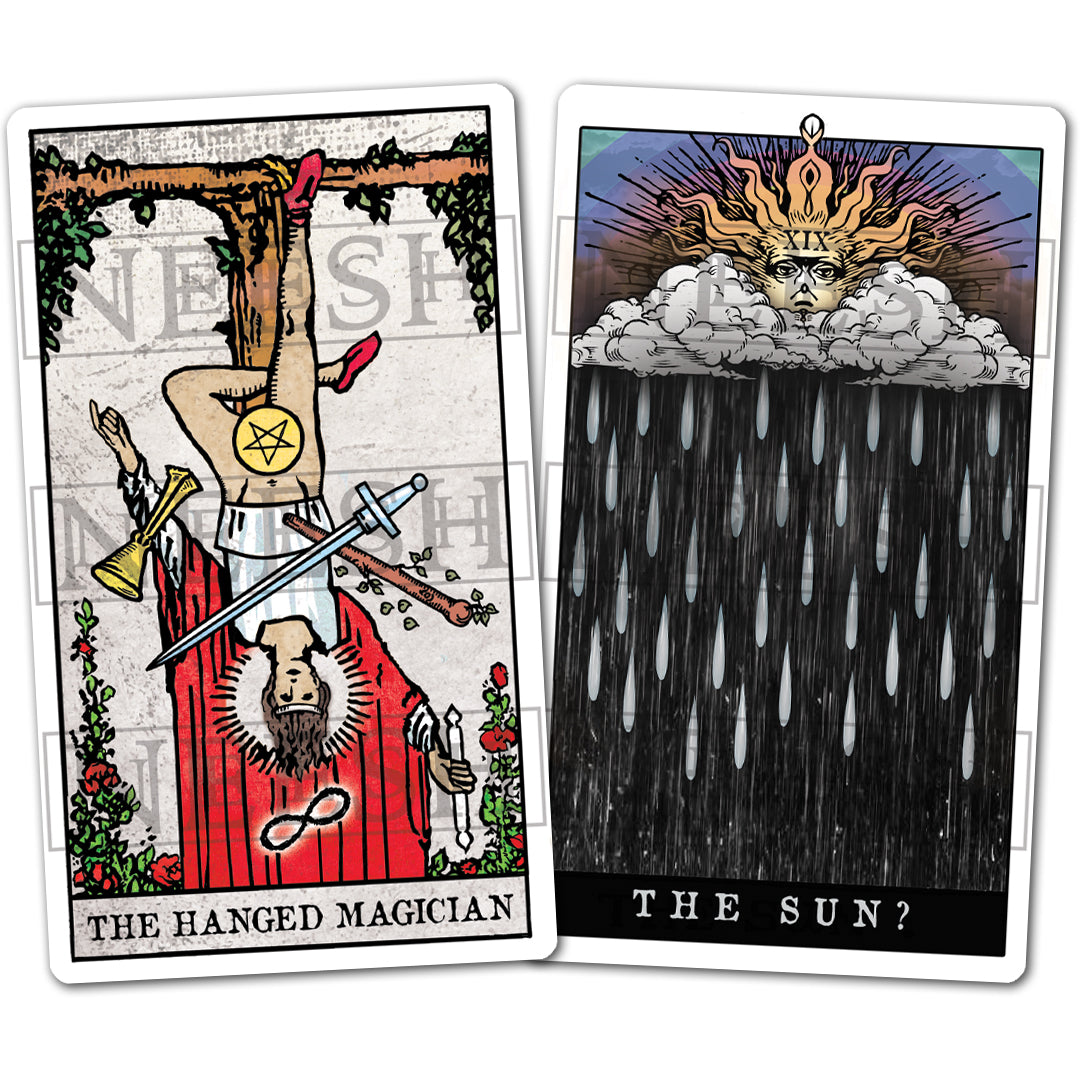Two tarot card stickers from Neesh Labs featuring The Sun? and The Hanged Magician designs, printed as waterproof vinyl decals