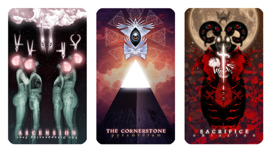 Arcanaless Apocrypha cards Ascension, The Cornerstone and Sacrifice featuring surreal occult artwork