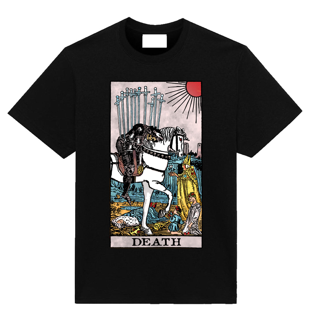 Black t-shirt featuring the Death tarot card artwork with a skeletal rider, fallen figures, and rising sun in classic tarot style.