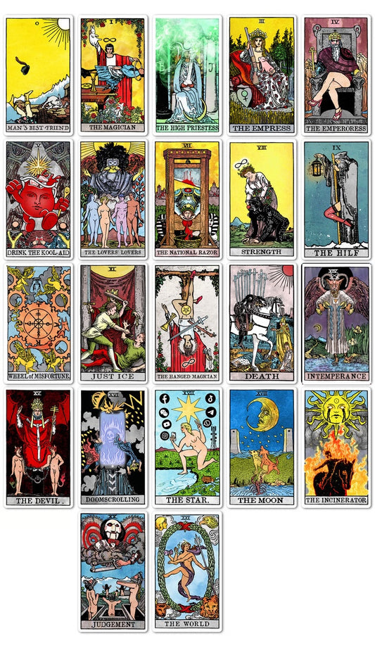 Complete 22-card Majorly Warpt Tarot deck with satirical reimaginings of traditional Major Arcana cards