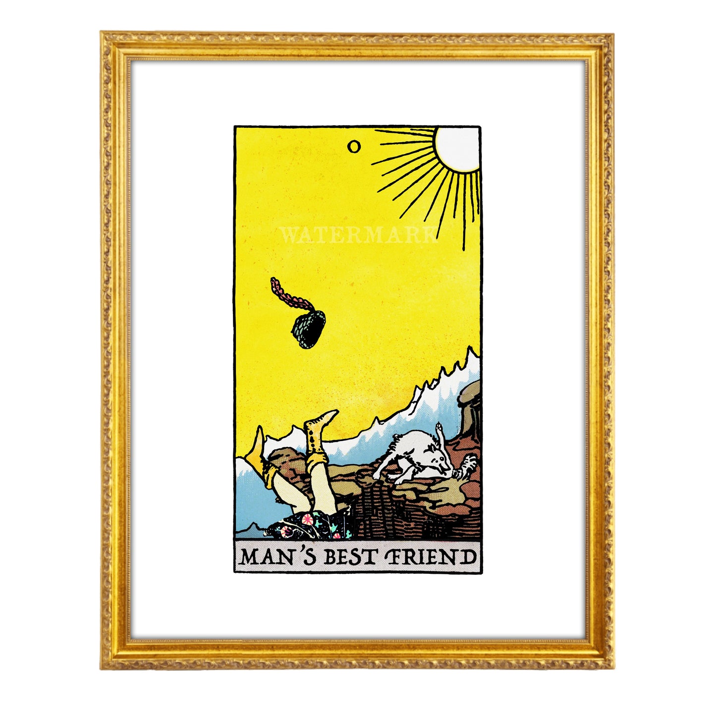 Man’s Best Friend tarot-inspired fine art print by Matthew Pazzol, featuring a fallen figure, a small white animal, rocky terrain, and a bright yellow sky.