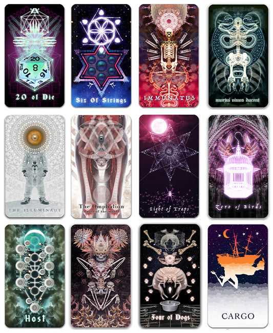 Twelve Arcanaless tarot booster cards featuring surreal, occult and symbolic artwork
