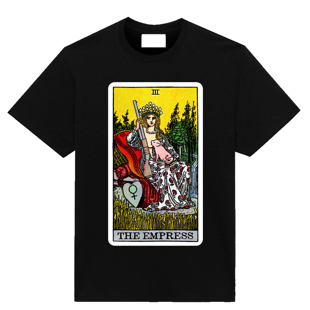 Black t-shirt featuring a warped tarot parody illustration of The Empress card with modern satirical details, printed artwork by Neesh Labs