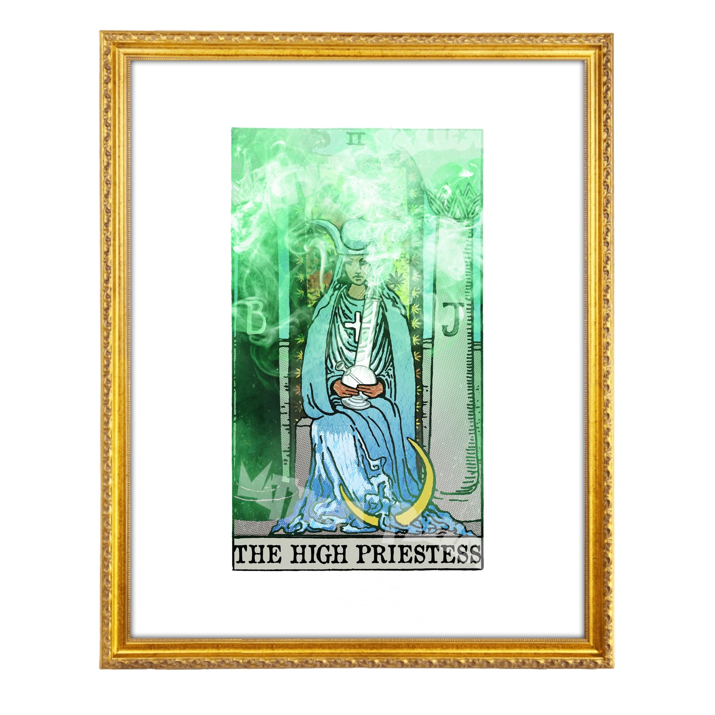 The High Priestess tarot-inspired fine art print by Matthew Pazzol, featuring a seated mystical figure holding a smoking vessel amid green haze and occult symbols.