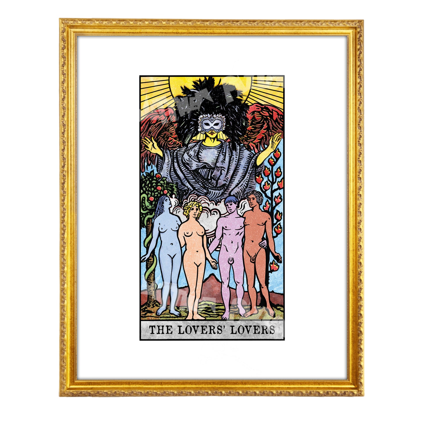 The Lovers’ Lovers tarot-inspired fine art print by Matthew Pazzol, featuring four nude figures beneath a masked winged figure in bold vintage-style colors.