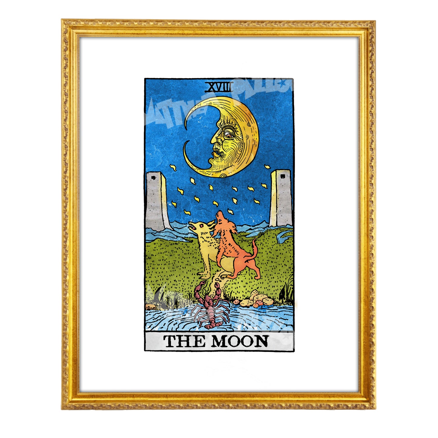 The Moon tarot-inspired fine art print by Matthew Pazzol, featuring a large crescent moon, two howling animals, distant towers, and a crustacean rising from the wat