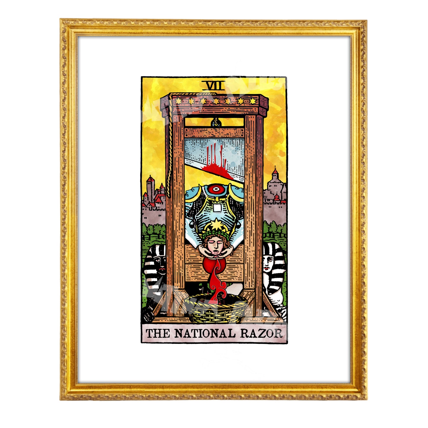 The National Razor tarot-inspired fine art print by Matthew Pazzol, featuring a guillotine, a crowned figure, black-and-white sphinxes, and a bright yellow background.
