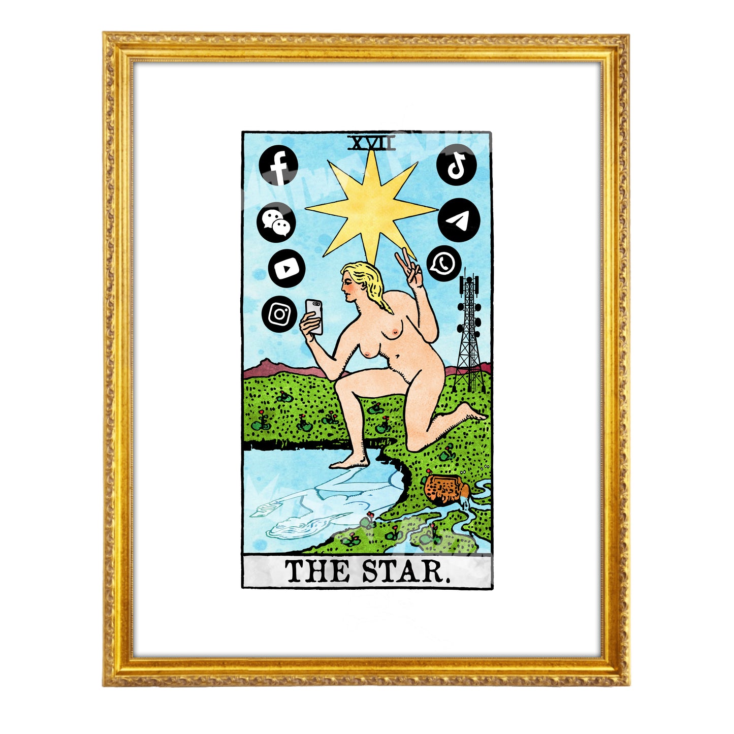 The Star tarot-inspired fine art print by Matthew Pazzol, featuring a nude figure holding a phone beneath a yellow star, surrounded by social media symbols.