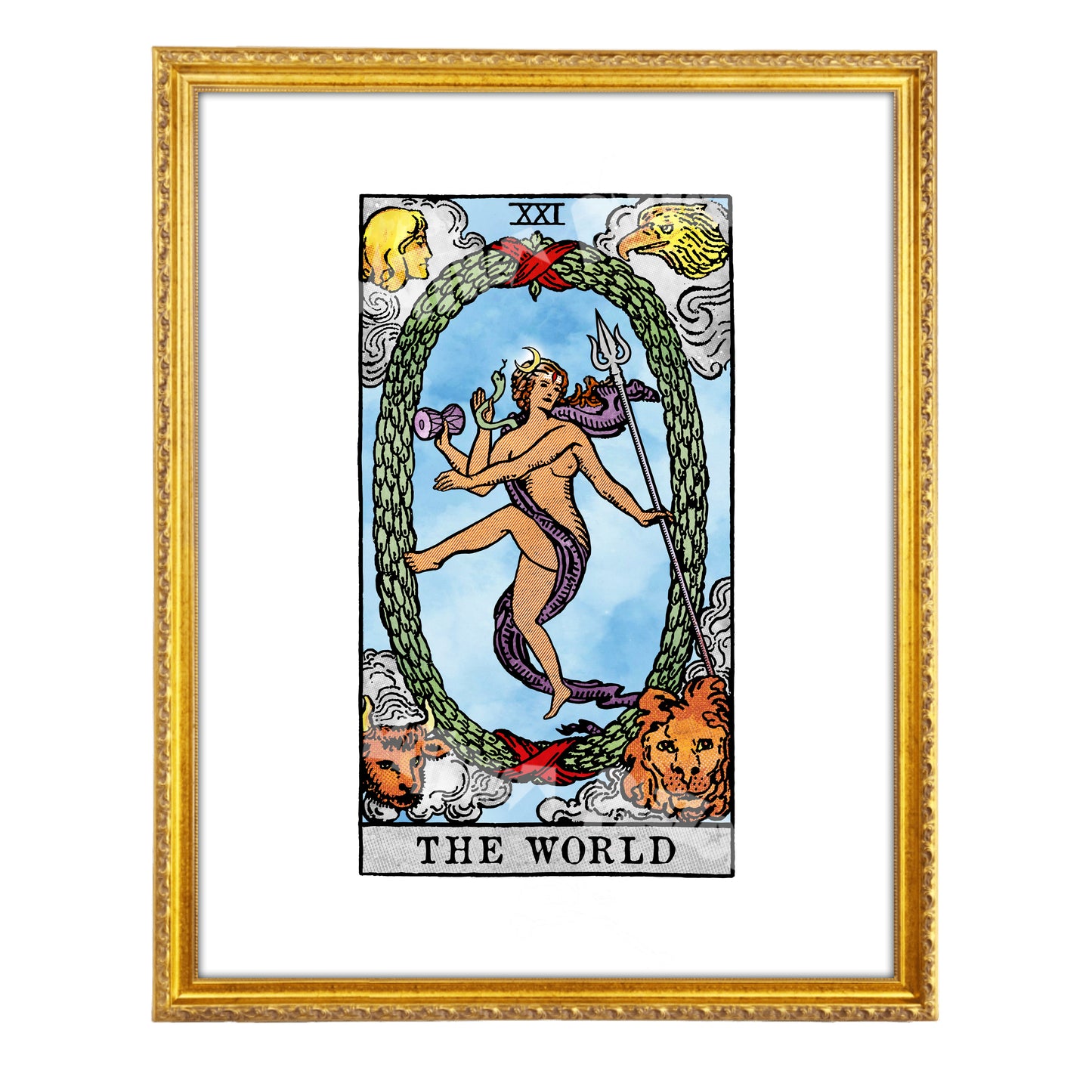 The World tarot-inspired fine art print by Matthew Pazzol, featuring an intertwined multi-limbed figure inside a green wreath surrounded by four symbolic creatures.