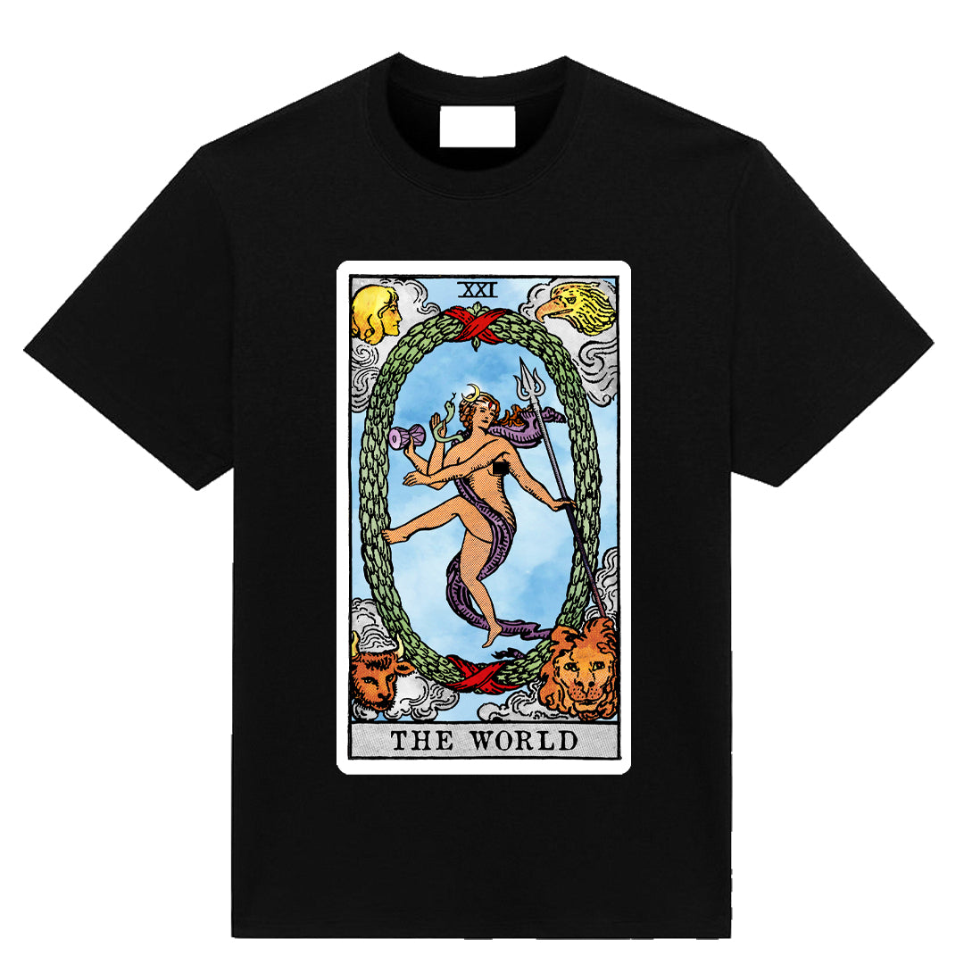 The World tarot t-shirt black graphic tee front view
