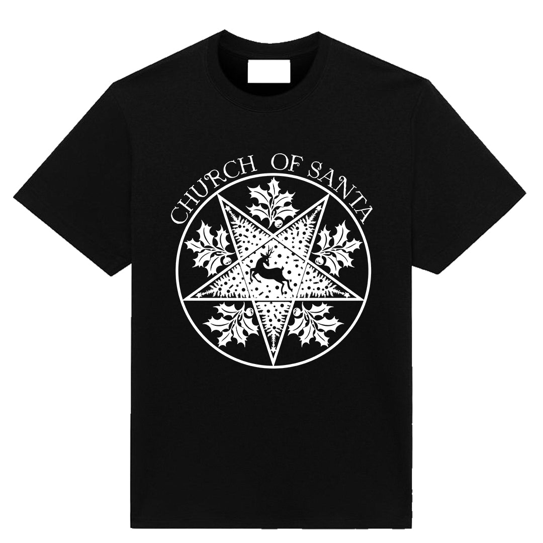 White Church Of Santa Christmas T-shirt with bold holiday graphic by Neesh Labs
