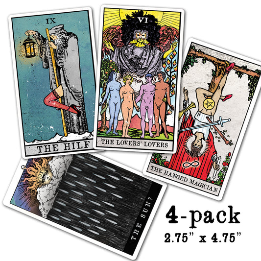 Four original tarot card stickers from Neesh Labs, printed as waterproof vinyl decals with mystical and occult artwork