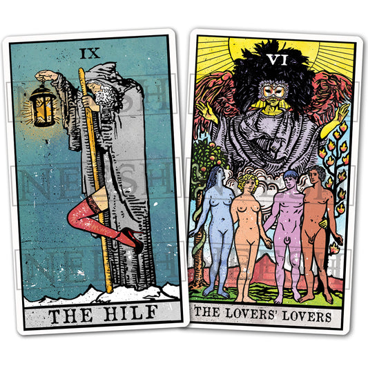 Tarot mashup stickers featuring The Hilf and The Lover’s Lovers designs by Neesh Labs, printed as waterproof vinyl tarot card decals