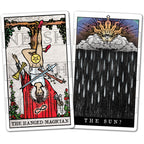 Two tarot card stickers from Neesh Labs featuring The Sun? and The Hanged Magician designs, printed as waterproof vinyl decals