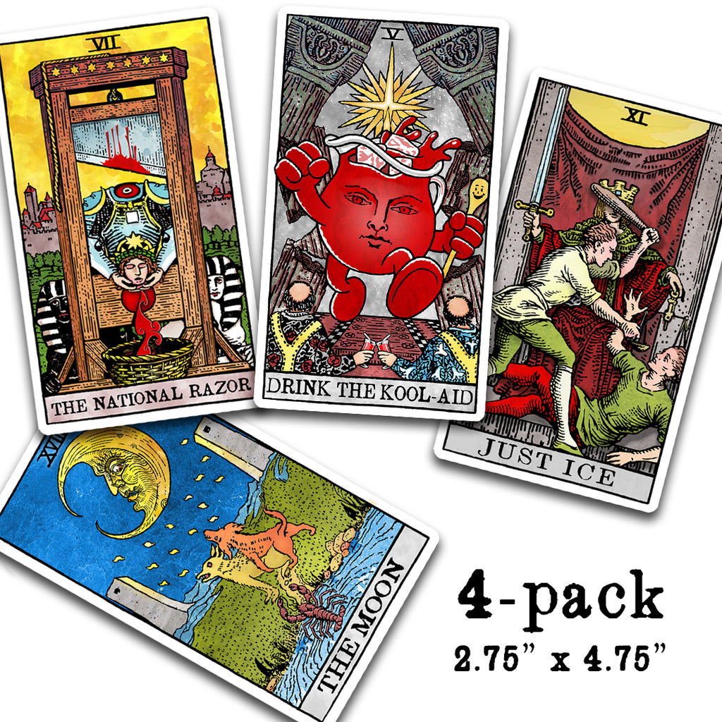 Four warped tarot card vinyl stickers featuring satirical modern tarot artwork, Tarot Card Sticker Set #5 by Neesh Labs