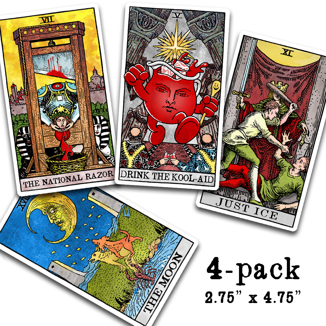 Four warped tarot card vinyl stickers featuring satirical modern tarot artwork, Tarot Card Sticker Set #5 by Neesh Labs