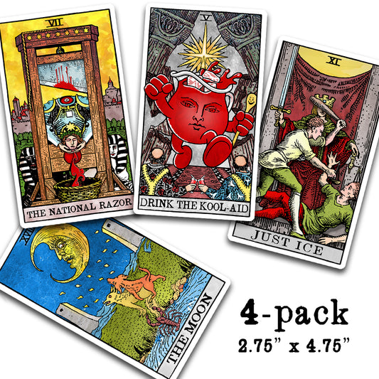 Four warped tarot card vinyl stickers featuring satirical modern tarot artwork, Tarot Card Sticker Set #5 by Neesh Labs