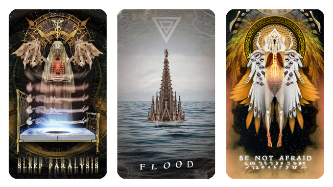 Arcanaless Apocrypha cards Sleep Paralysis, Flood and Be Not Afraid with surreal psychological imagery