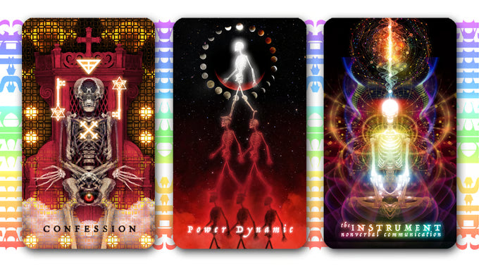 Arcanaless Ars Occludia cards Confession, Power Dynamic and The Instrument exploring intimacy and communication