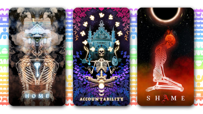 Arcanaless Ars Occludia cards Home, Accountability and Shame with symbolic relationship artwork