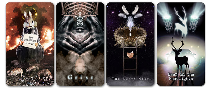 Arcanaless II cards The Beginning Is Nigh, Geist, The Empty Nest and Deer in the Headlights