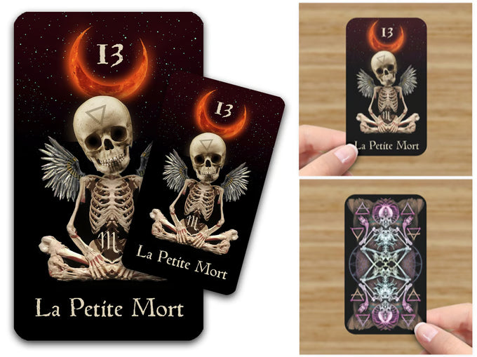 Arcanaless II La Petite Mort card showing the illustrated front, card back and size in hand