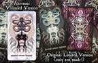 Original and alternate Arcanaless II tarot booster card designs with mirrored skeletal artwork