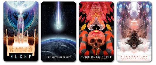 Arcanaless II tarot booster cards Sleep, The Catastrophist, Forbidden Fruit and Murmuration