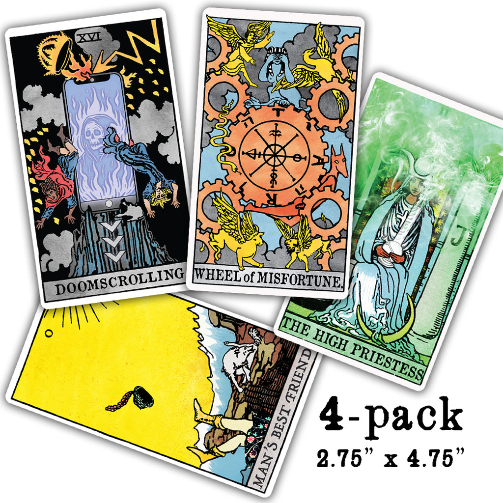 Four arcanaless tarot card vinyl stickers featuring Doomscrolling, Wheel of Misfortune, The High Priestess, and Man’s Best Friend by Matthew Pazzol for Neesh Labs