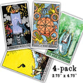 Four arcanaless tarot card vinyl stickers featuring Doomscrolling, Wheel of Misfortune, The High Priestess, and Man’s Best Friend by Matthew Pazzol for Neesh Labs