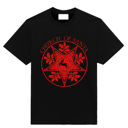 Red Church Of Santa Christmas T-shirt with bold holiday graphic by Neesh Labs