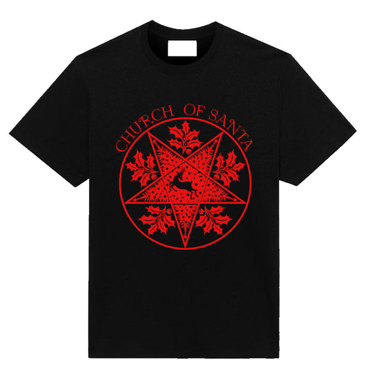 Red Church Of Santa Christmas T-shirt with bold holiday graphic by Neesh Labs