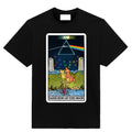 Black graphic T-shirt featuring a psychedelic Moon tarot card with a glowing prism, rainbow, two dogs, towers, and a scorpion.