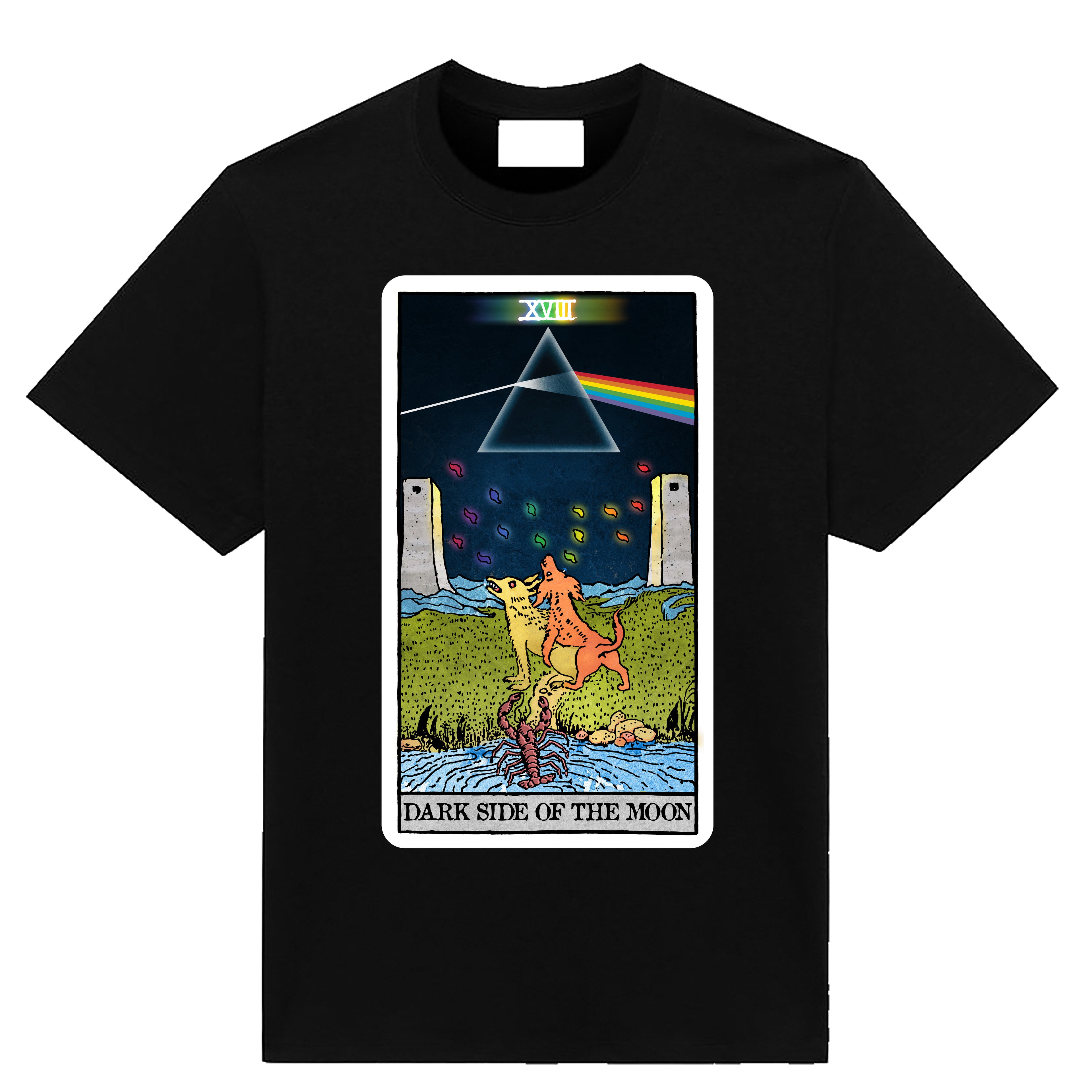 Black graphic T-shirt featuring a psychedelic Moon tarot card with a glowing prism, rainbow, two dogs, towers, and a scorpion.