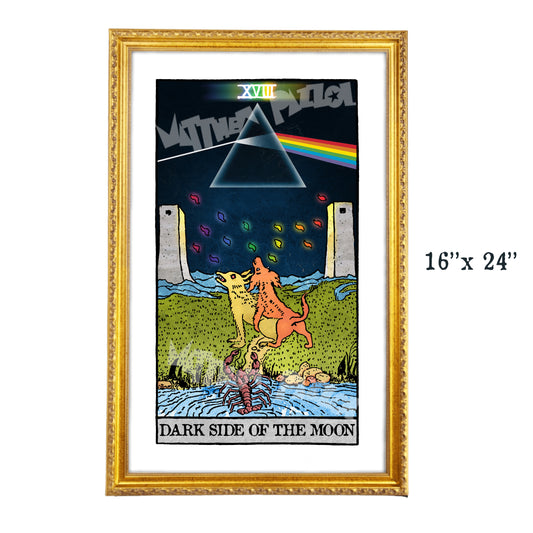 Dark Side of the Moon tarot-inspired 16x24 fine art print by Matthew Pazzol, featuring a prism, rainbow beam, two howling animals, and a surreal moonlit landscape.