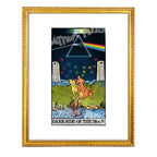 Dark Side of the Moon tarot-inspired fine art print by Matthew Pazzol, featuring a prism, rainbow beam, two howling animals, and a surreal moonlit landscape.