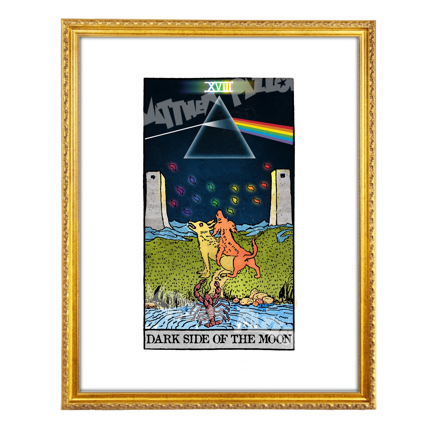 Dark Side of the Moon tarot-inspired fine art print by Matthew Pazzol, featuring a prism, rainbow beam, two howling animals, and a surreal moonlit landscape.