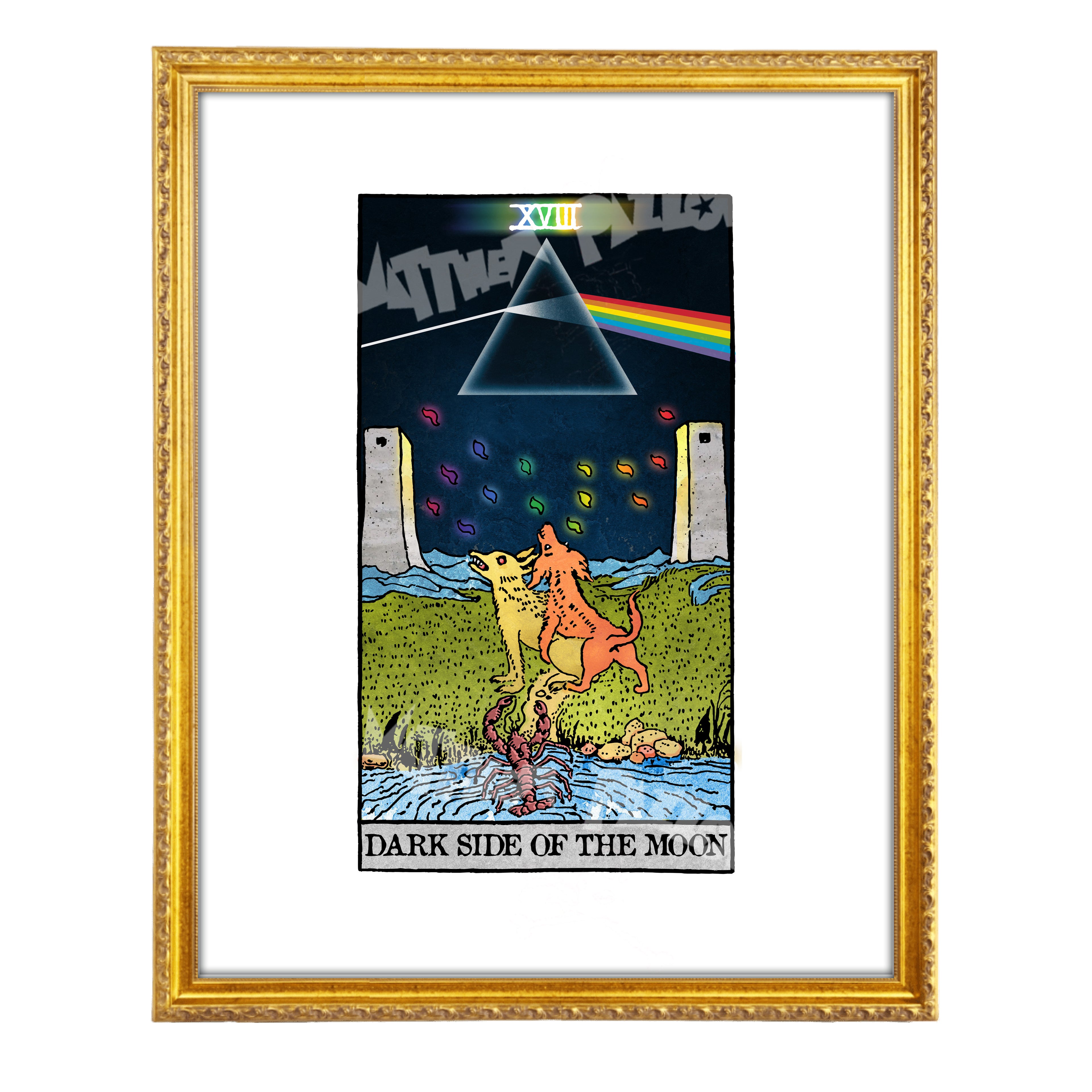 Dark Side of the Moon tarot-inspired fine art print by Matthew Pazzol, featuring a prism, rainbow beam, two howling animals, and a surreal moonlit landscape.