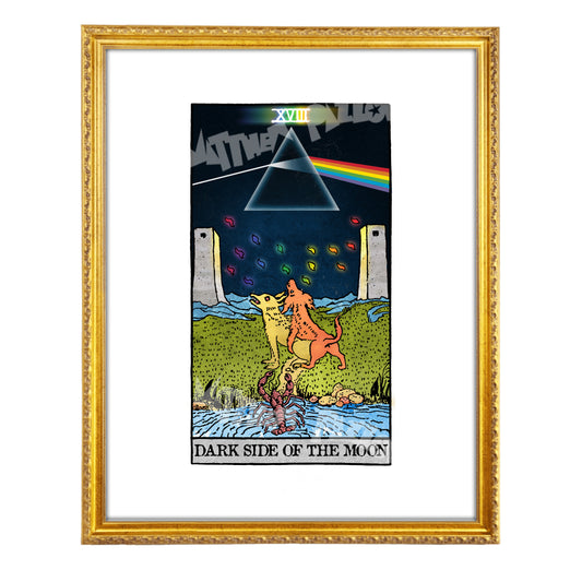 Dark Side of the Moon tarot-inspired fine art print by Matthew Pazzol, featuring a prism, rainbow beam, two howling animals, and a surreal moonlit landscape.