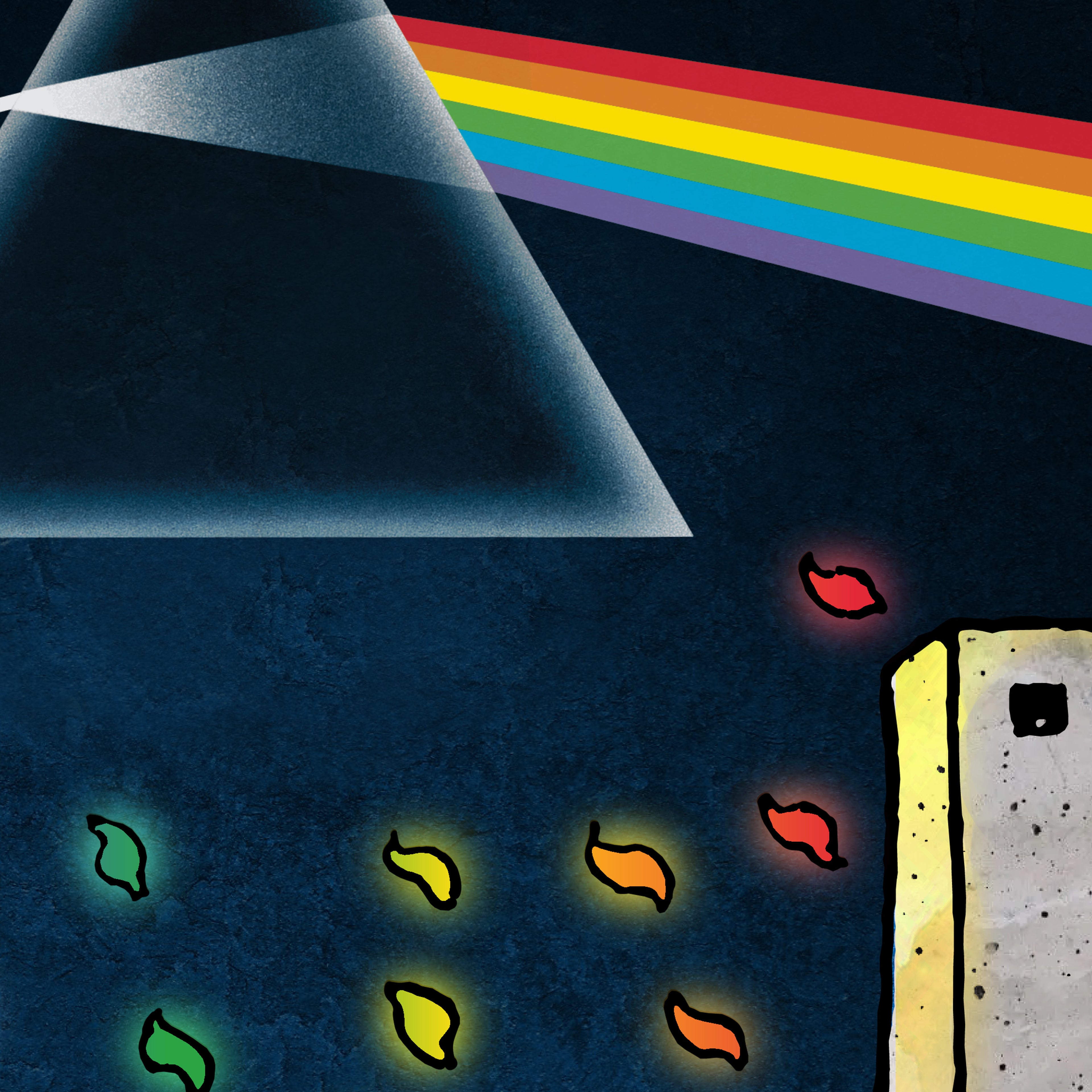 Close-up detail of the Dark Side tarot-inspired fine art print by Matthew Pazzol, featuring a prism, rainbow beam, glowing leaves, and a dark blue background.