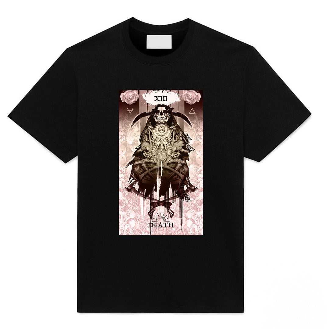 Black t-shirt featuring a reimagined Death tarot card design with modern occult artwork, emphasizing transformation and renewal rather than traditional imagery.