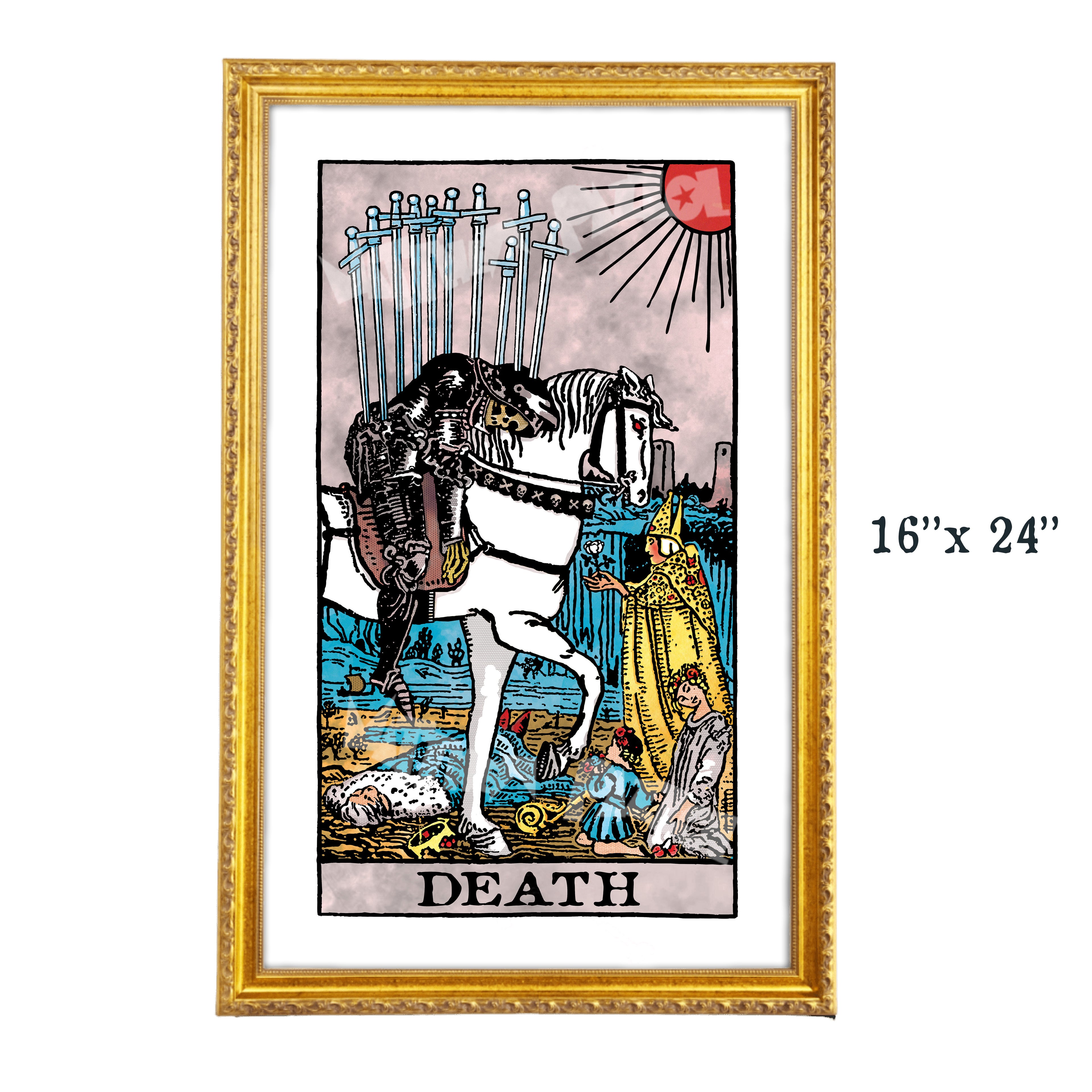 Death tarot-inspired 16x24 fine art print by Matthew Pazzol, featuring a skeletal rider on a white horse surrounded by fallen figures beneath a red sun.