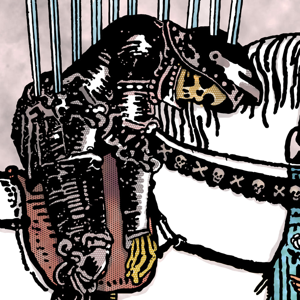 Close-up detail of the Death tarot-inspired fine art print by Matthew Pazzol, featuring a skeletal rider, a white horse, skull details, and stark black-and-white imagery.