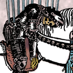 Close-up detail of the Death tarot-inspired fine art print by Matthew Pazzol, featuring a skeletal rider, a white horse, skull details, and stark black-and-white imagery.