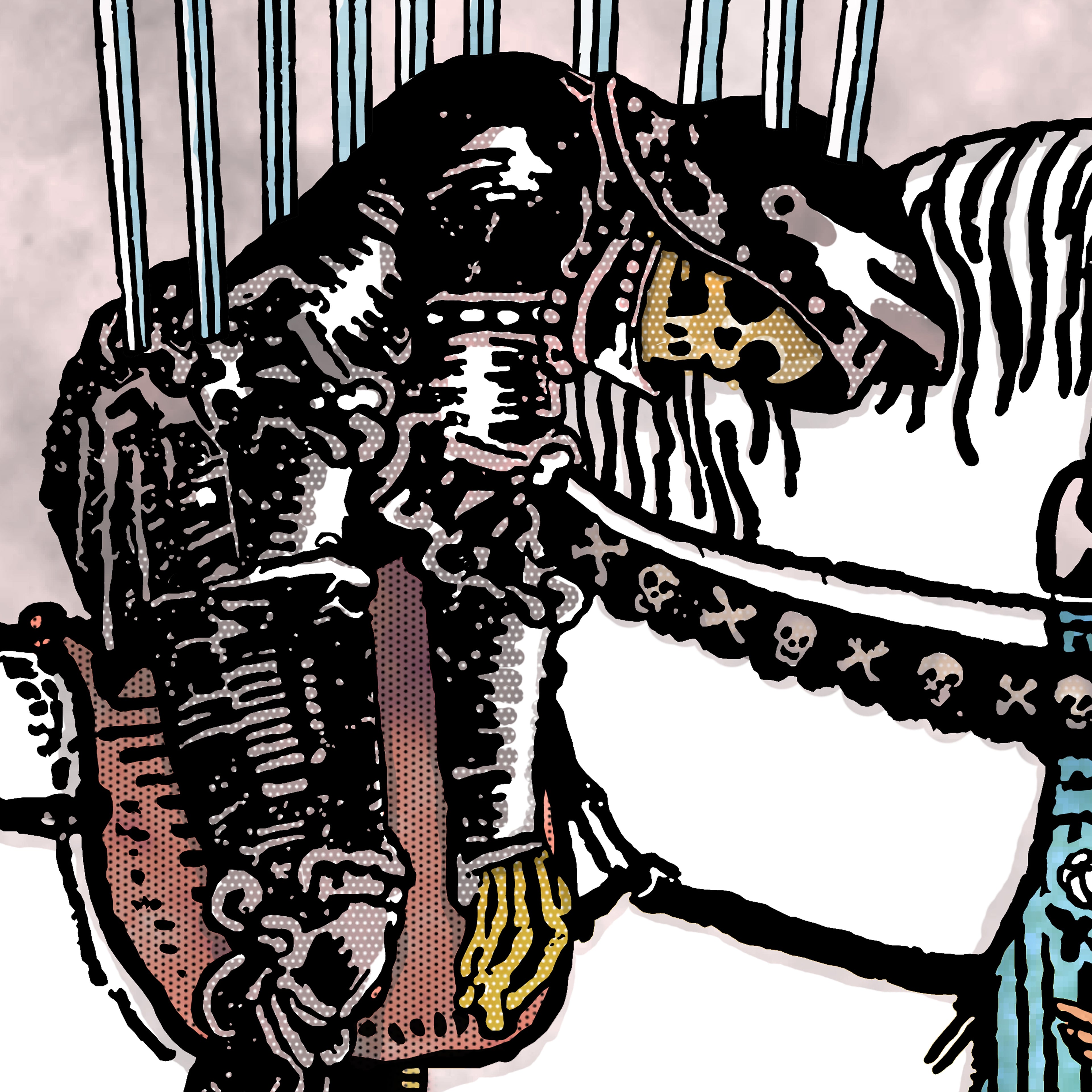 Close-up detail of the Death tarot-inspired fine art print by Matthew Pazzol, featuring a skeletal rider, a white horse, skull details, and stark black-and-white imagery.