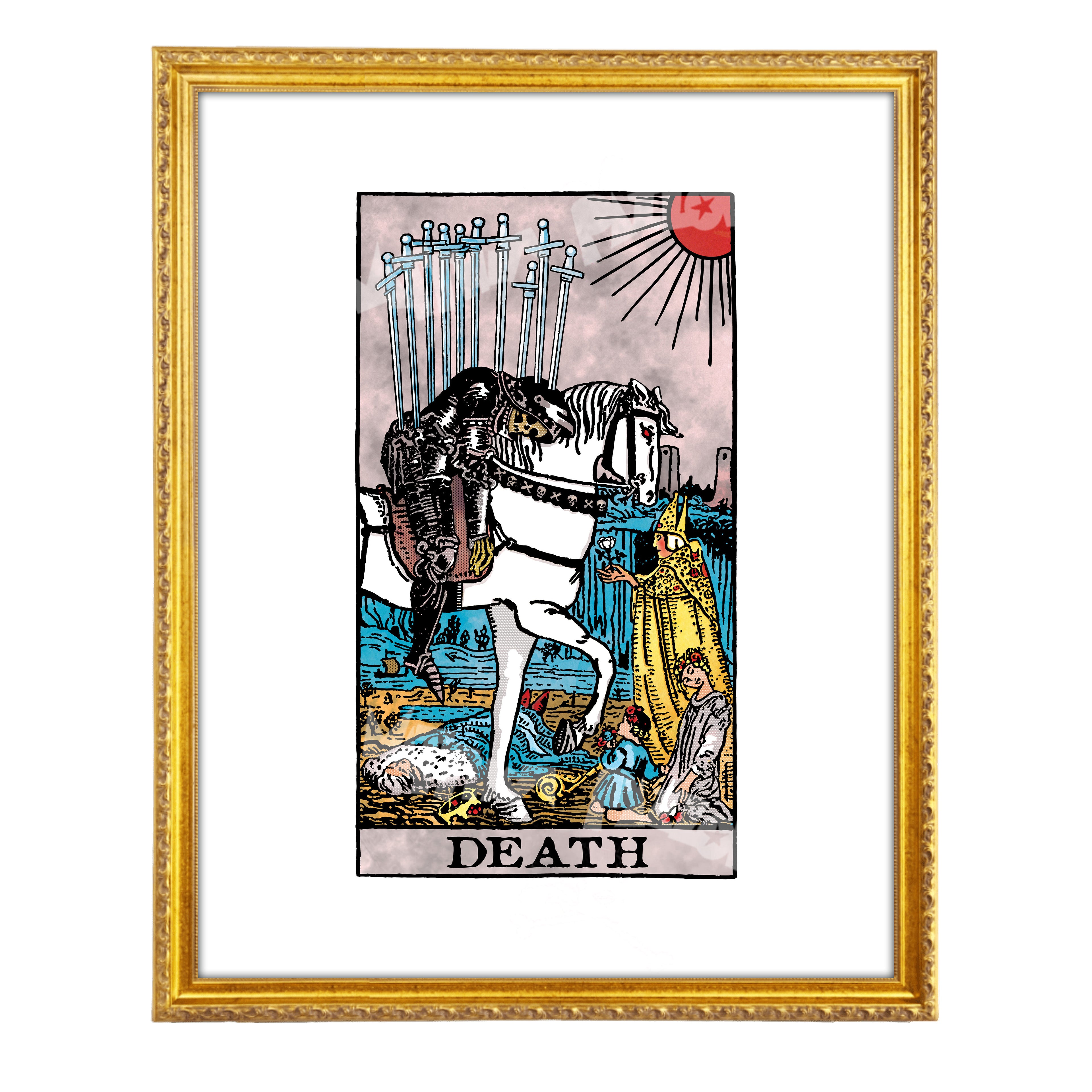 Death tarot-inspired fine art print by Matthew Pazzol, featuring a skeletal rider on a white horse surrounded by fallen figures beneath a red sun.