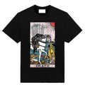 Black t-shirt featuring the Death tarot card artwork with a skeletal rider, fallen figures, and rising sun in classic tarot style.