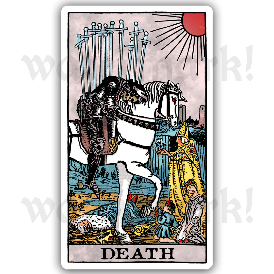 Tarot card vinyl sticker showing the Death card in classic Rider-style artwork with a skeletal rider on a white horse and symbolic figures.