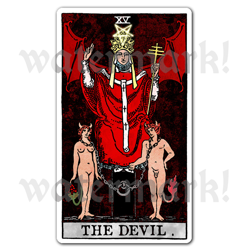 Tarot card vinyl sticker featuring The Devil with red and black artwork, showing chained figures and traditional occult symbolism.