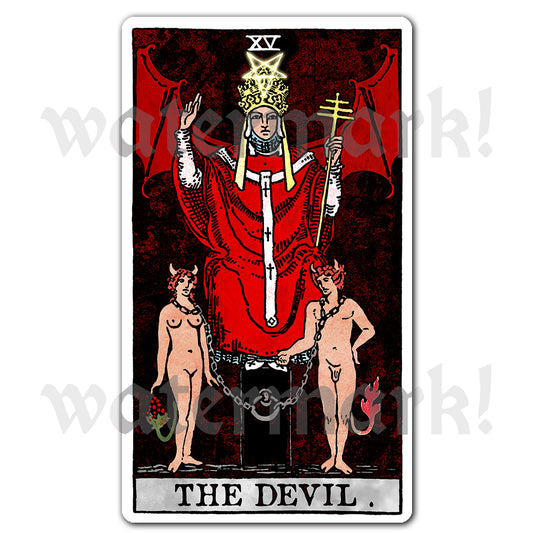 Tarot card vinyl sticker featuring The Devil with red and black artwork, showing chained figures and traditional occult symbolism.
